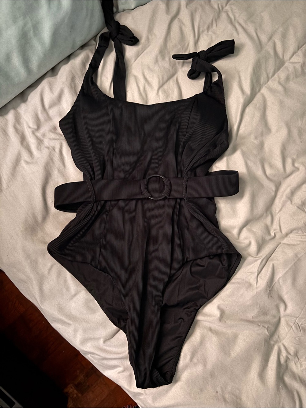 Black One-Piece Swimwear with Removable Belt